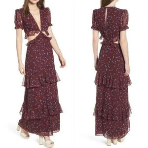New Wayf Lavina burgundy Floral Print tiered Maxi Dress Medium Cut Out Ruffle